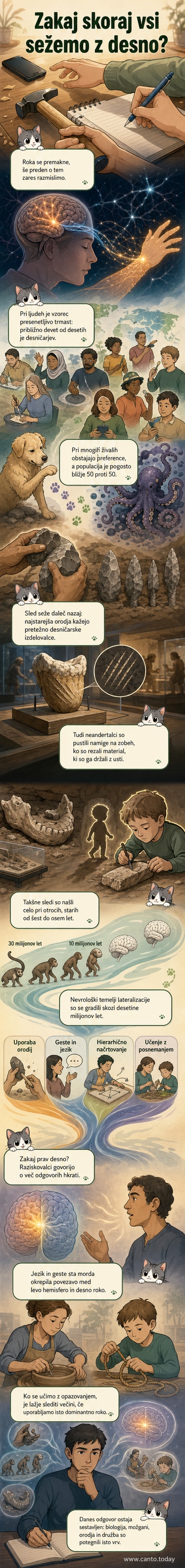 Ilustracija človeške roke, ki uporablja kremeno orodje, z ozadjem iz kamene dobe in možgansko shemo, ki prikazuje lateralizacijo.