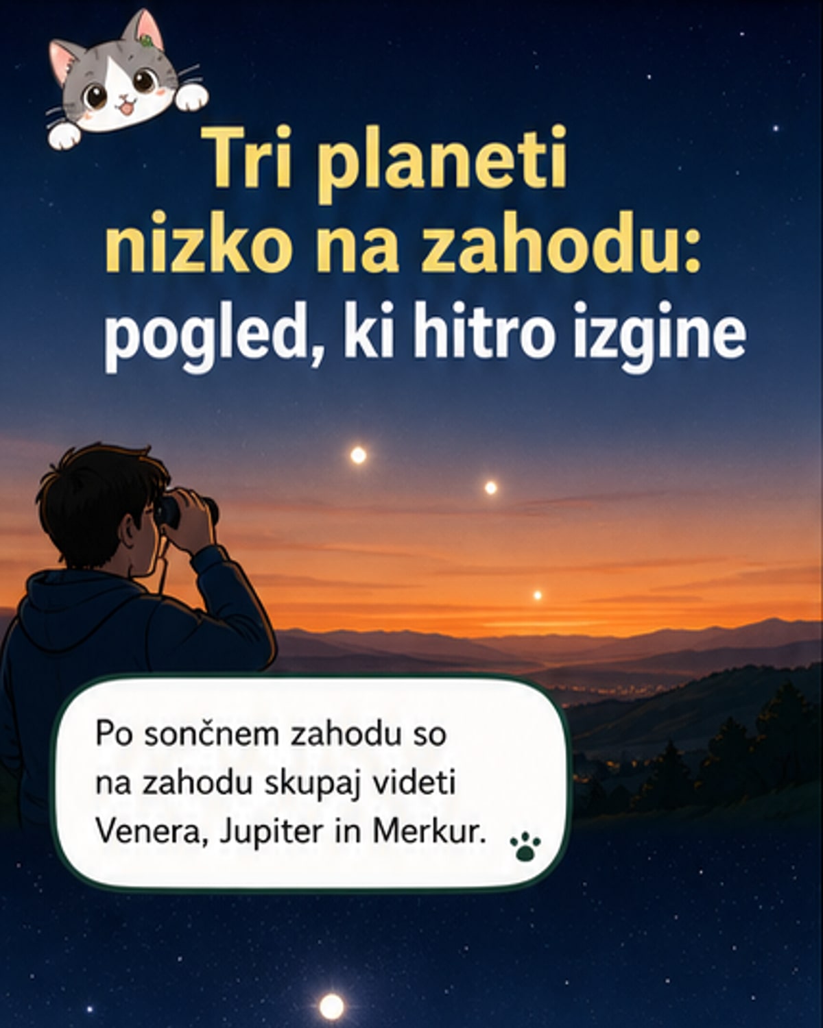 Ilustracija treh planetov – Venera, Jupiter in Merkur – ki so vidni nizko nad zahodnim obzorjem po sončnem zahodu, z zvezdami v ozadju in zemeljskim panoramskim pogledom.