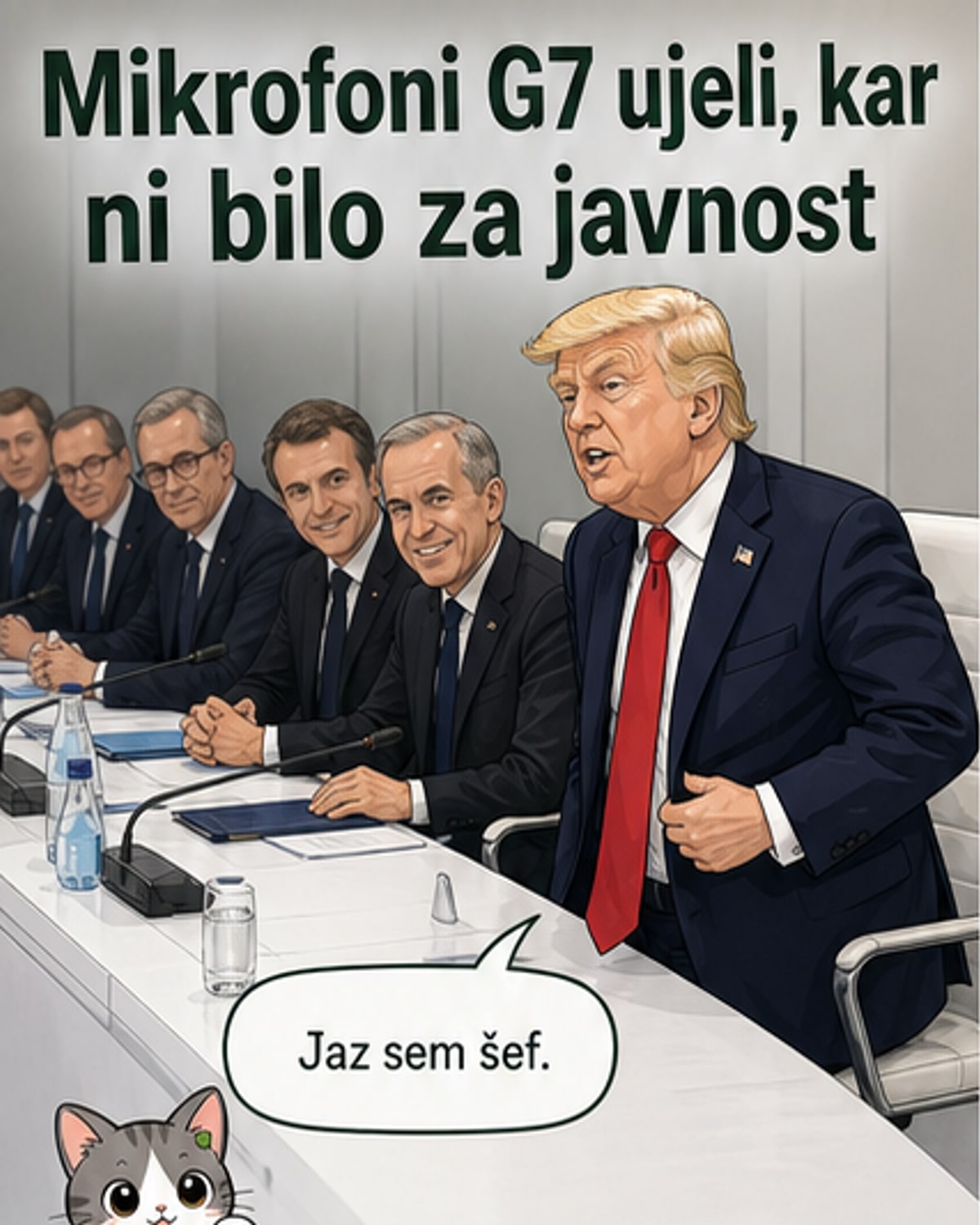 Ilustracija srečanja voditeljev G7 za mizo, s Trumpom, ki kaže na sebe, Melonijo z roko pred ustom, Macronovo uro na mizi in zastavico Kitajske v ozadju.