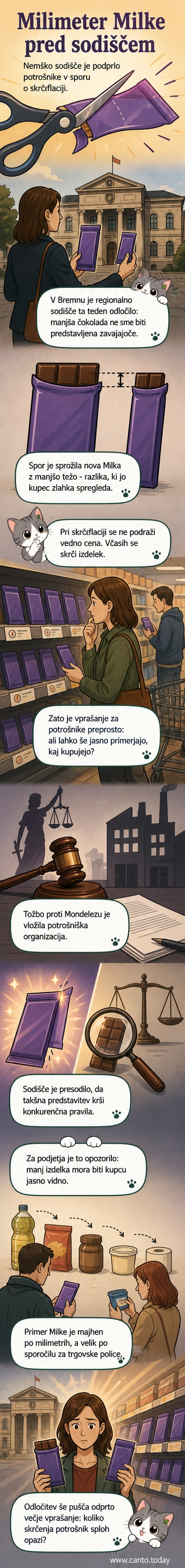 Ilustracija čokolade Milka z manjšo vsebino, pakirano v isto embalažo kot prej, z znakom vprašanja nad njo.