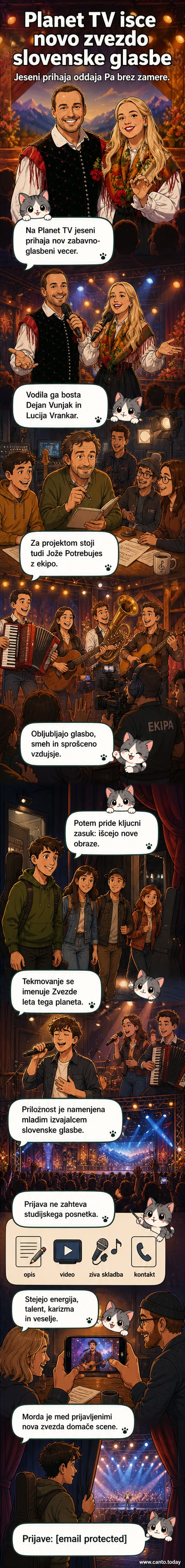 Ilustracija nove televizijske oddaje 'Pa brez zamere' z voditeljema Dejanom Vunjakom in Lucijo Vrankar na sceni, okoliški glasbeniki nastopajo v ozadju.