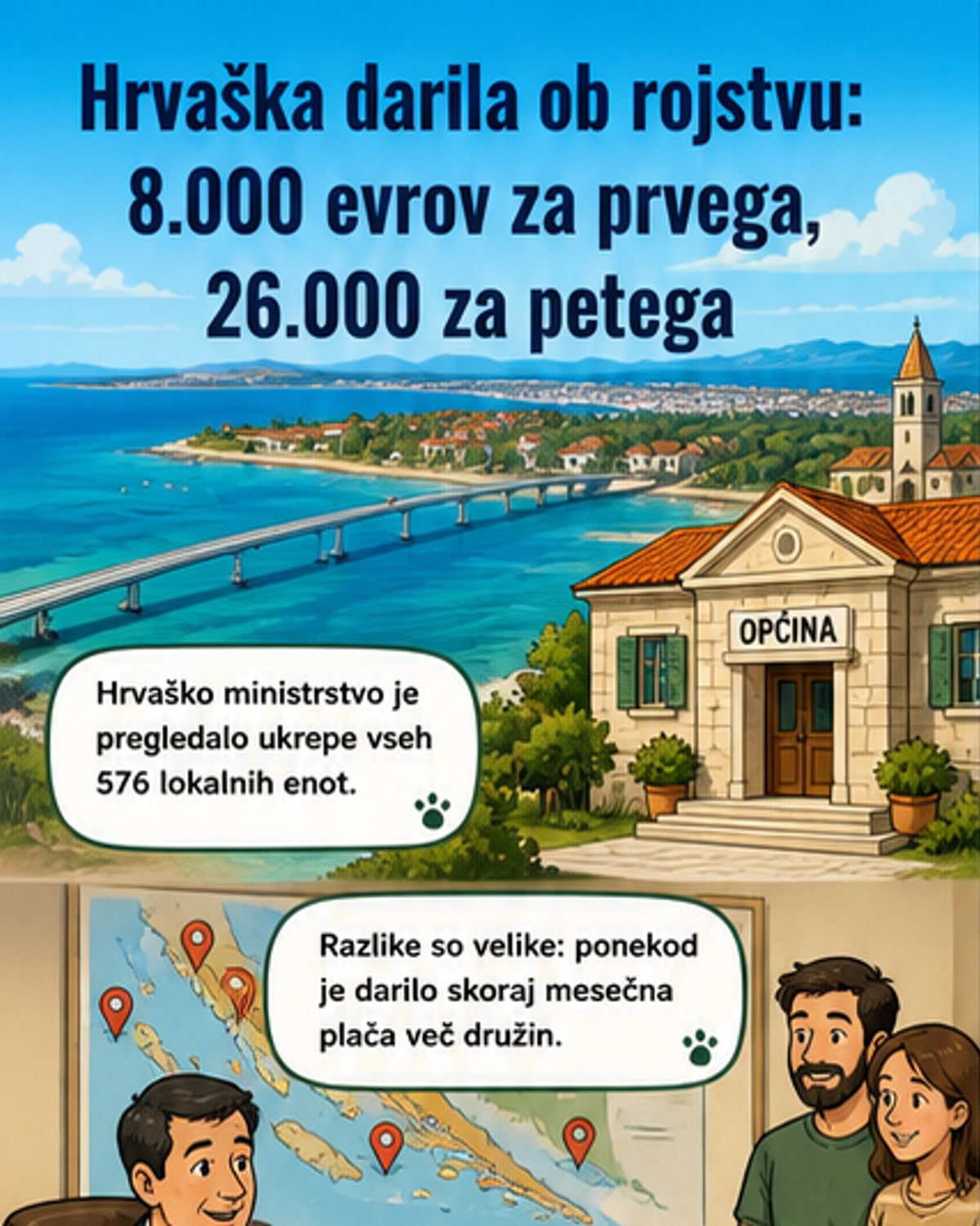 Ilustracija otroka z darilom in evroznakom, v ozadju hrvaška zemljevid z občinami, ki ponujajo denarno pomoč ob rojstvu