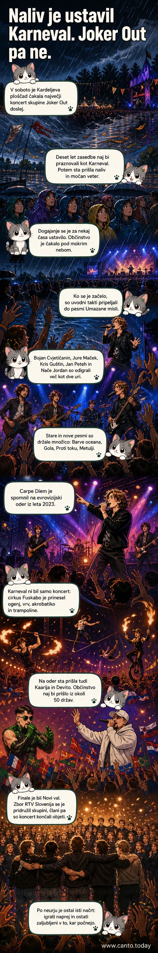 Joker Out na odru na Kardeljevi ploščadi pod dežjem, obkroženi s cirkusanti in gledalci, ki jih navdušujejo z glasbo.