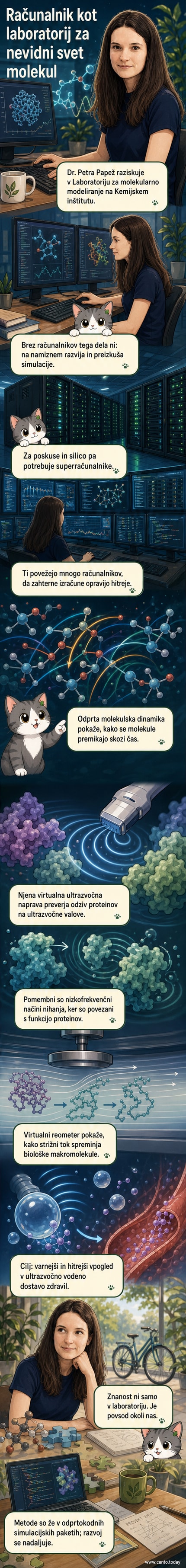 Ilustracija raziskovalke pred zaslonom z molekularnimi modeli in superračunalnikom v ozadju.