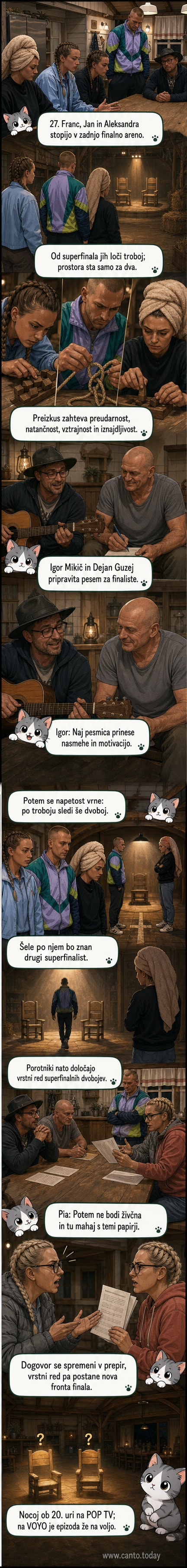 Trije finalisti Kmetije – Franc Vozel, Jan Zore in Aleksandra April – v napetem obračunu, porota v ozadju razpravlja o vrstnem redu.