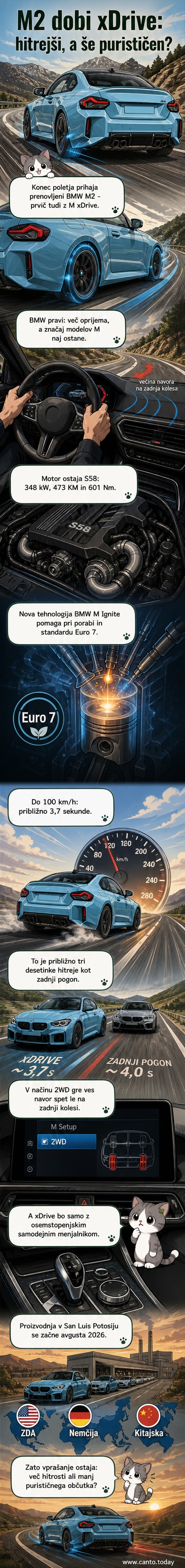 Rdeči BMW M2 na cesti, v ozadju hribe, z označenim štirikolesnim pogonom M xDrive