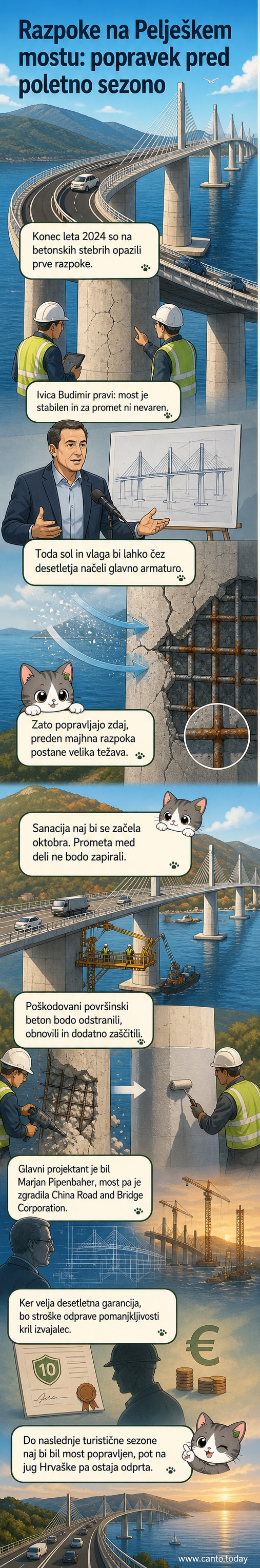 Pelješki most v Hrvaški s pogledom na morje, pripravljen za sanacijo štiri leta po odprtju zaradi razpok na stebrih.