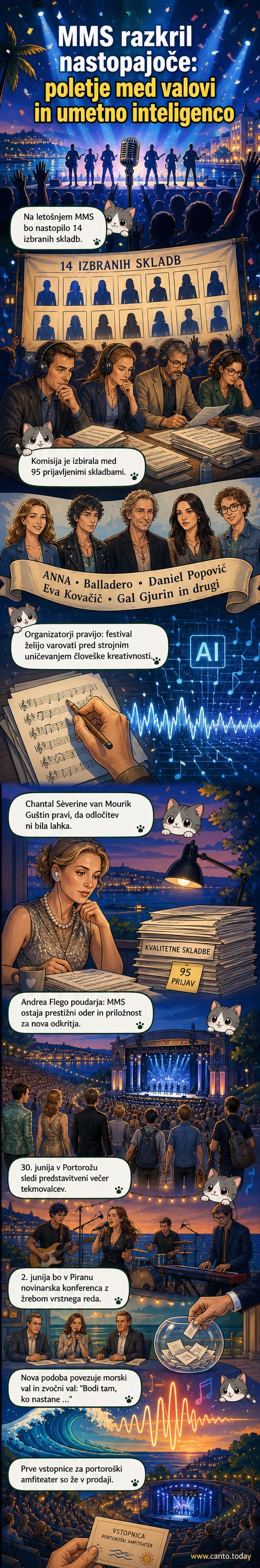 Grafika festivala Melodije morja in sonca 2026 z valovi in zvočnimi valovi, ki simbolizirajo preobrazbo šuma morja v poletno pesem.