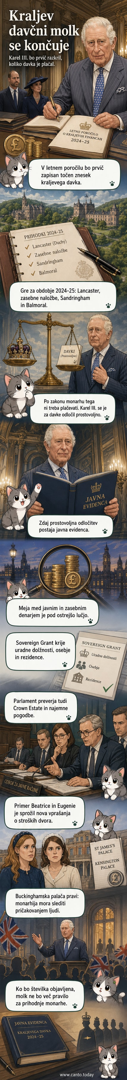 Ilustracija kralja Karla III., ki drži papir s podatki o davkih, v ozadju pa so grafi in zgradbe kot simboli finančne preglednosti.