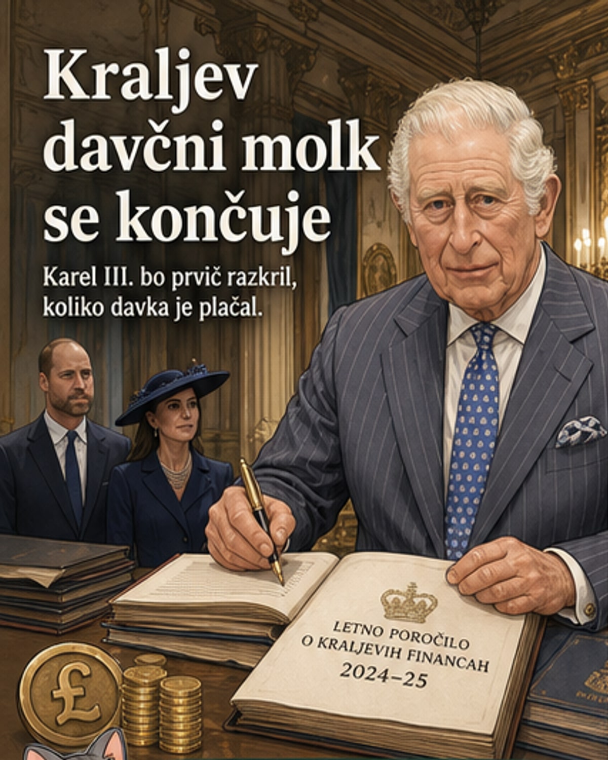 Ilustracija kralja Karla III., ki drži papir s podatki o davkih, v ozadju pa so grafi in zgradbe kot simboli finančne preglednosti.