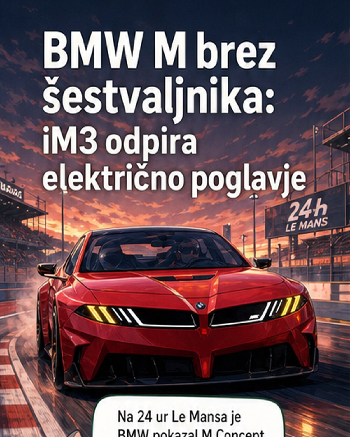 Konceptualni električni športni avtomobil BMW iM3 v modri barvi s širokimi blatniki, agresivnim sprednjim delom in rumenimi lučmi, predstavljen na dirki 24 ur Le Mans.