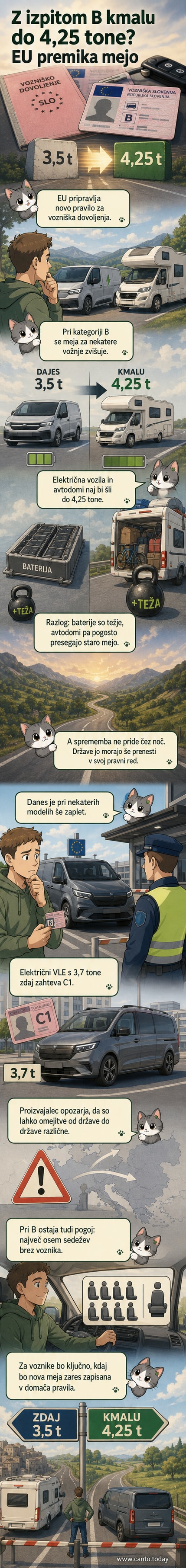 Ilustracija električnega minibusa pred evropskim zastavnikom z napisom 'Nova pravila za vožnjo do 4,25 ton z kategorijo B'