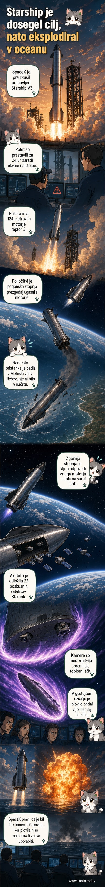 Eksplozija velike rdeče in oranžne ognjene krogle nad oceanom, trenutek po stiku Starshipa z vodno gladino.