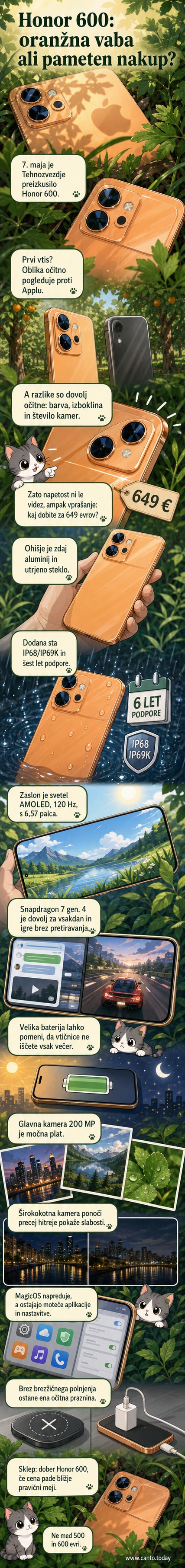 Honor 600 telefon v oranžni barvi na beli podlagi, z zaslonom, ki prikazuje preizkus kamere
