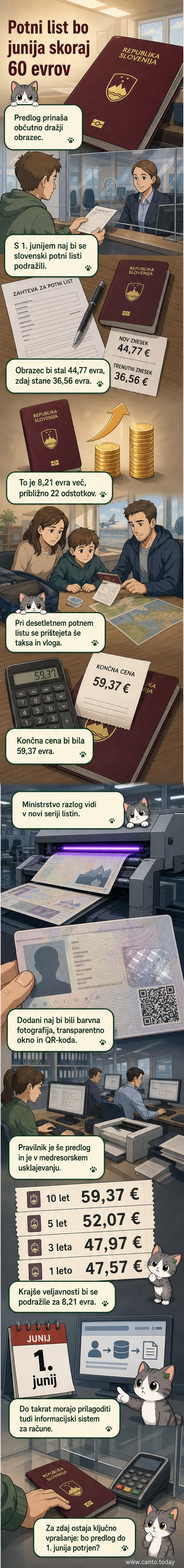 Ilustracija novega slovenskega potnega lista z barvno fotografijo, transparentnim oknom in QR-kodo, poleg katerega je prikazana cena 59,37 evra.