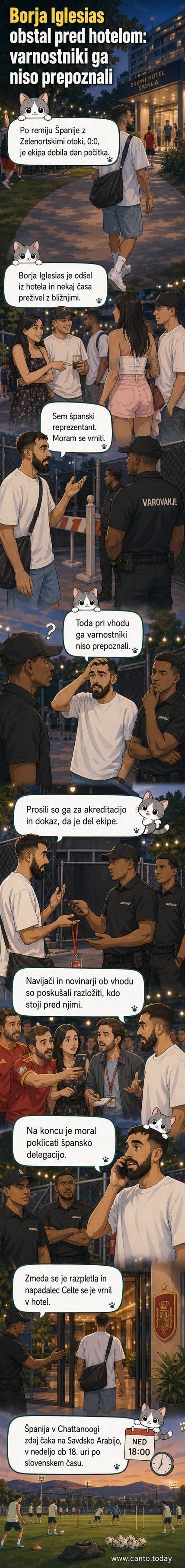 Nogometni igralec Borja Iglesias stoji pred vhodom v hotel, medtem ko ga varnostni delavec ustavi.