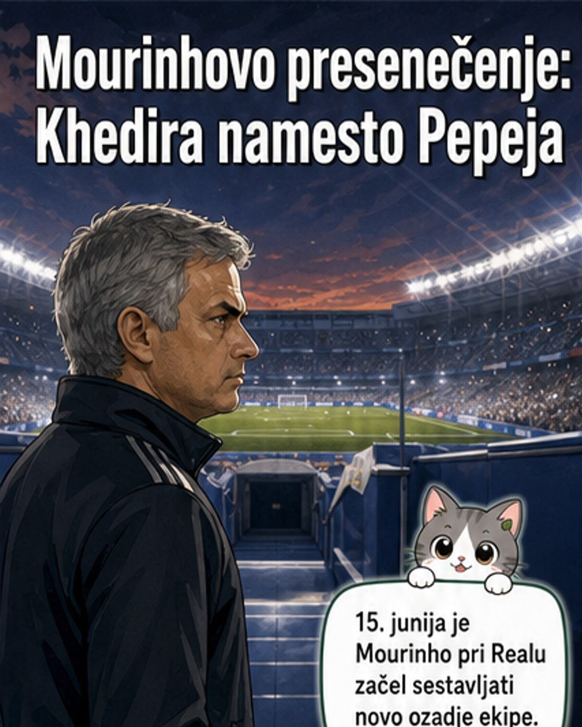 Jose Mourinho in Sami Khedira, oba v dresu Reala Madrida, stojita skupaj na stadionu, simbolizirata vrnitev zvestega sodelavca.