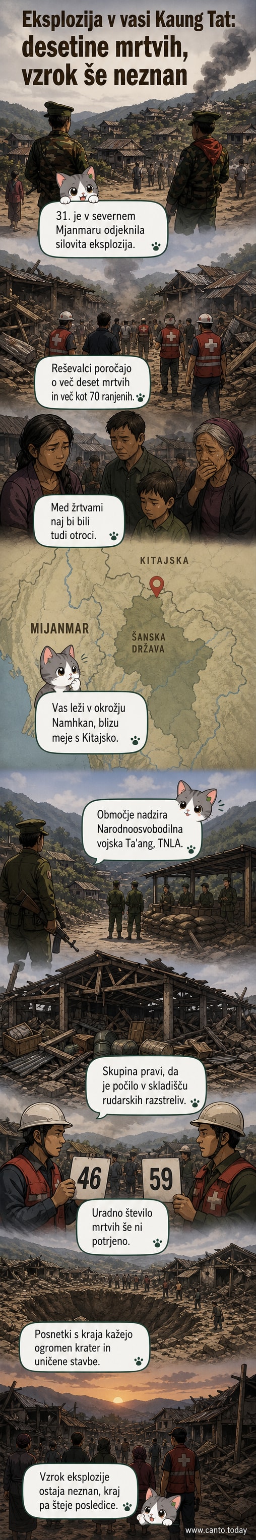 Ruševine in ogromen krater po eksploziji v vasi Kaung Tat v Mjanmaru, z uničenimi hišami in okoliškim terenom.
