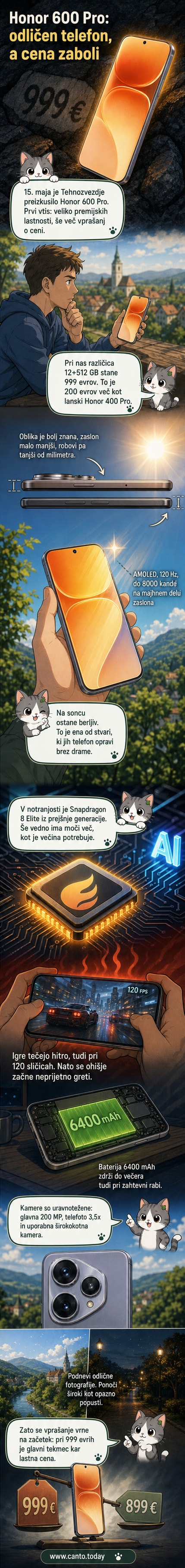 Pametni telefon Honor 600 Pro na beli podlagi, z zaslonom, ki prikazuje test kakovosti slike in barv.