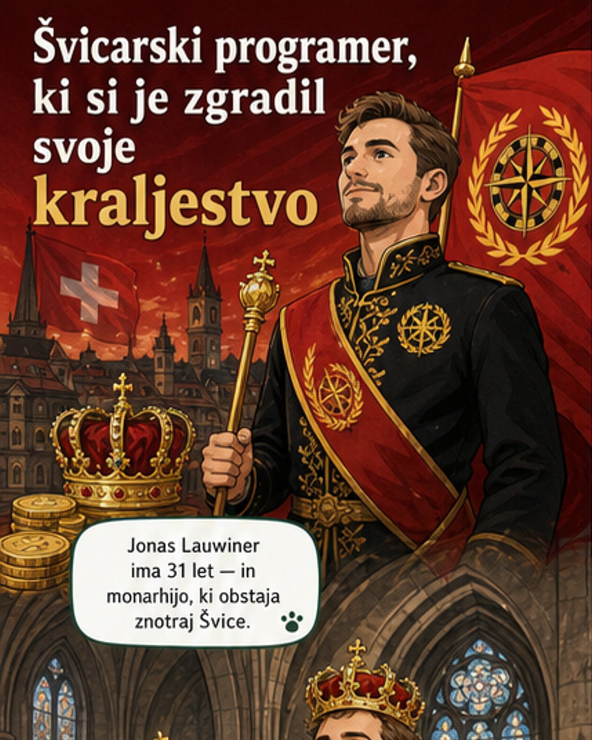 Jonas Lauwiner v kraljevi uniformi z krono na glavi, pred njim zastava njegovega simboličnega kraljestva.