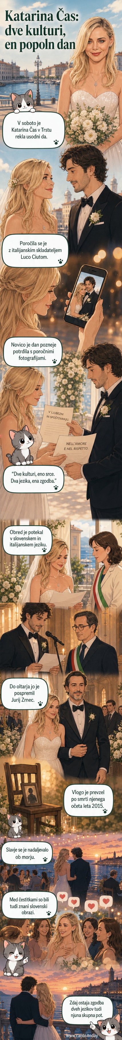 Katarina Čas in Luca Ciut na poroki v Trstu, obkrožena s prijatelji in družino, v ozadju morje in sončni zahod.