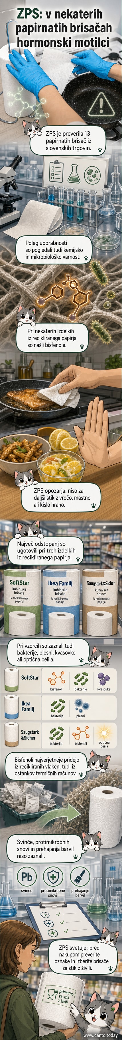 Ilustracija kuhinjskih brisač z opozorilnim simbolom, ki prikazuje prisotnost hormonskih motilcev v izdelkih iz recikliranega papirja.