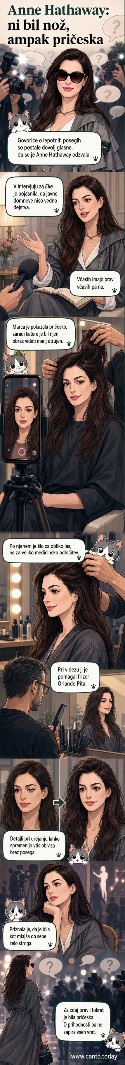 Anne Hathaway na rdečem tepihu z visoko frizuro, ki poudarja njeno lice, fotografija iz vira Profimedia