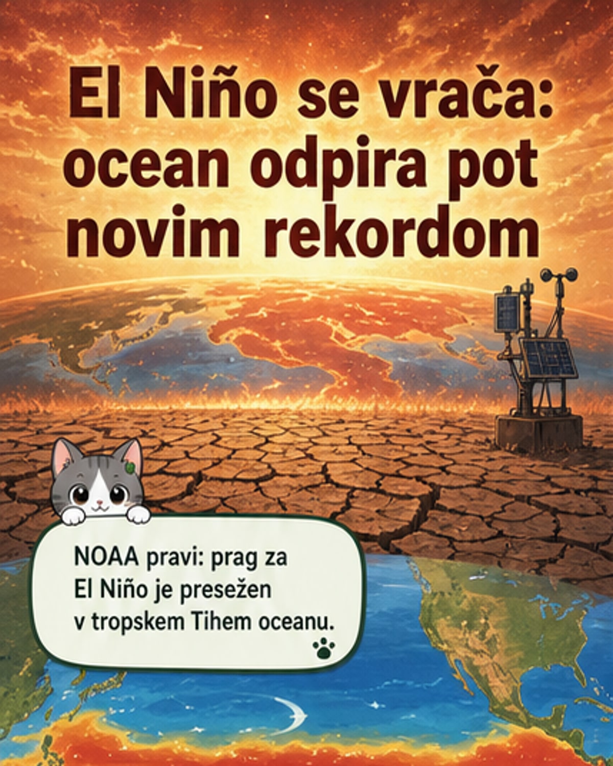 Ilustracija segrevanja Tihega oceana s strelovnicami, ki prikazujejo podnebni pojav El Niño in njegove globalne vplive na vreme.