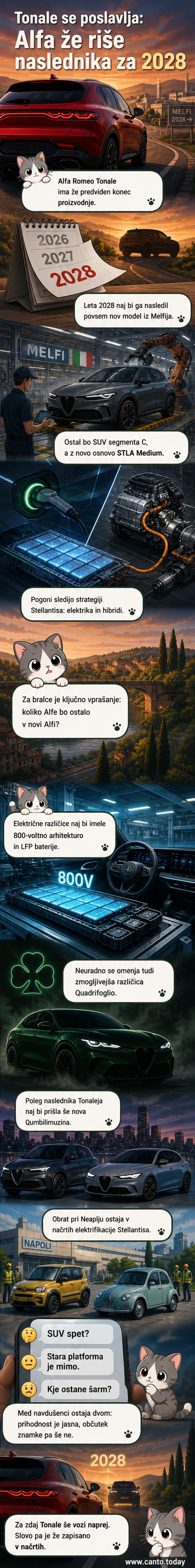 Ilustracija novega Alfa Romea SUV-ja v električni različici, ki leta 2028 nadomešča model Tonale, s podčrtanimi dizajnskimi elementi znamke in sodobno digitalno armaturno ploščo.