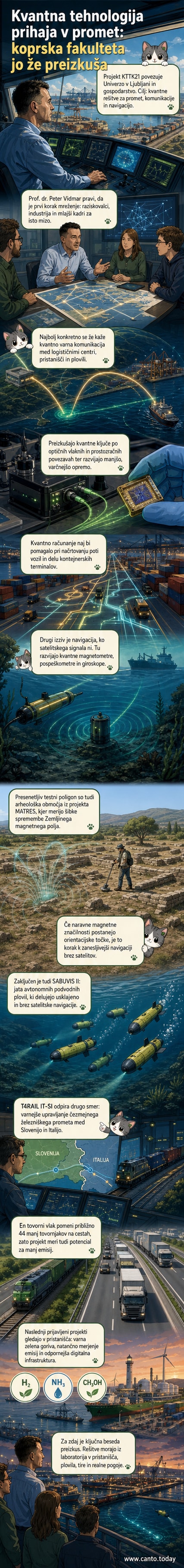 Ilustracija: kvantni senzor na morju meri magnetno polje, plovilo brez GPS-ja se usmerja po podatkih, v ozadju pristanišče s tirovnicami in zelenimi gorivi.