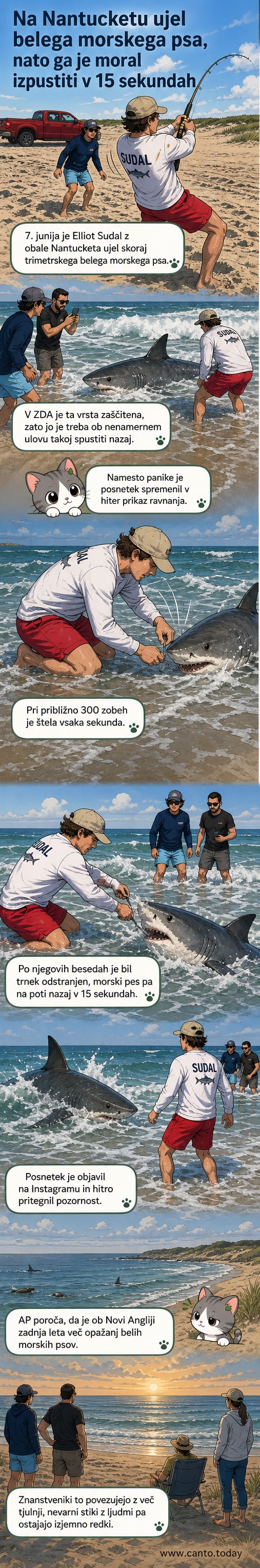 Ribič na hrbtu belega morskega psa, ki ga drži v plitvini, medtem ko mu iz gobca odstranjuje trnek.