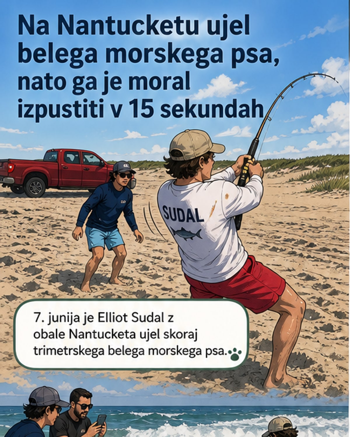 Ribič na hrbtu belega morskega psa, ki ga drži v plitvini, medtem ko mu iz gobca odstranjuje trnek.