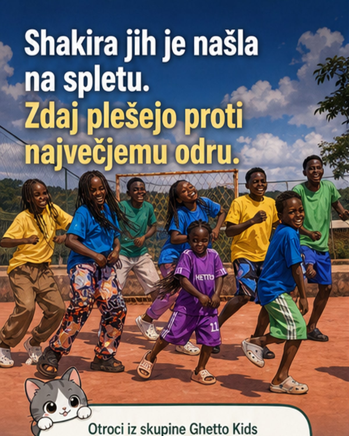 Shakira in plesni otroci iz Ugande na odru med prireditvijo, povezano s svetovnim prvenstvom 2026