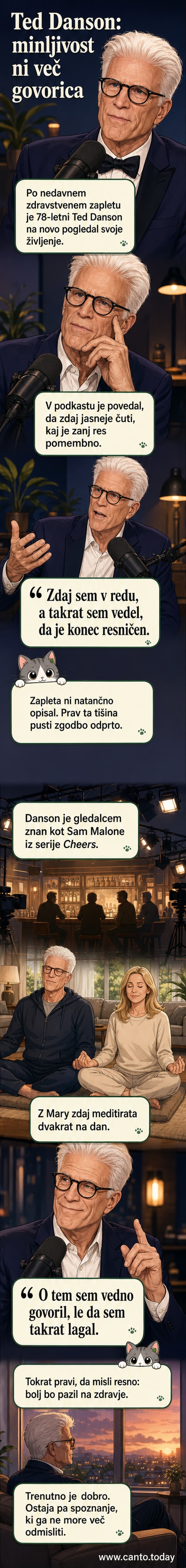 Ted Danson, znan po vlogi v seriji Cheers, sedi v sivi majici, z roko na obrazu, z zamišljenim pogledom.