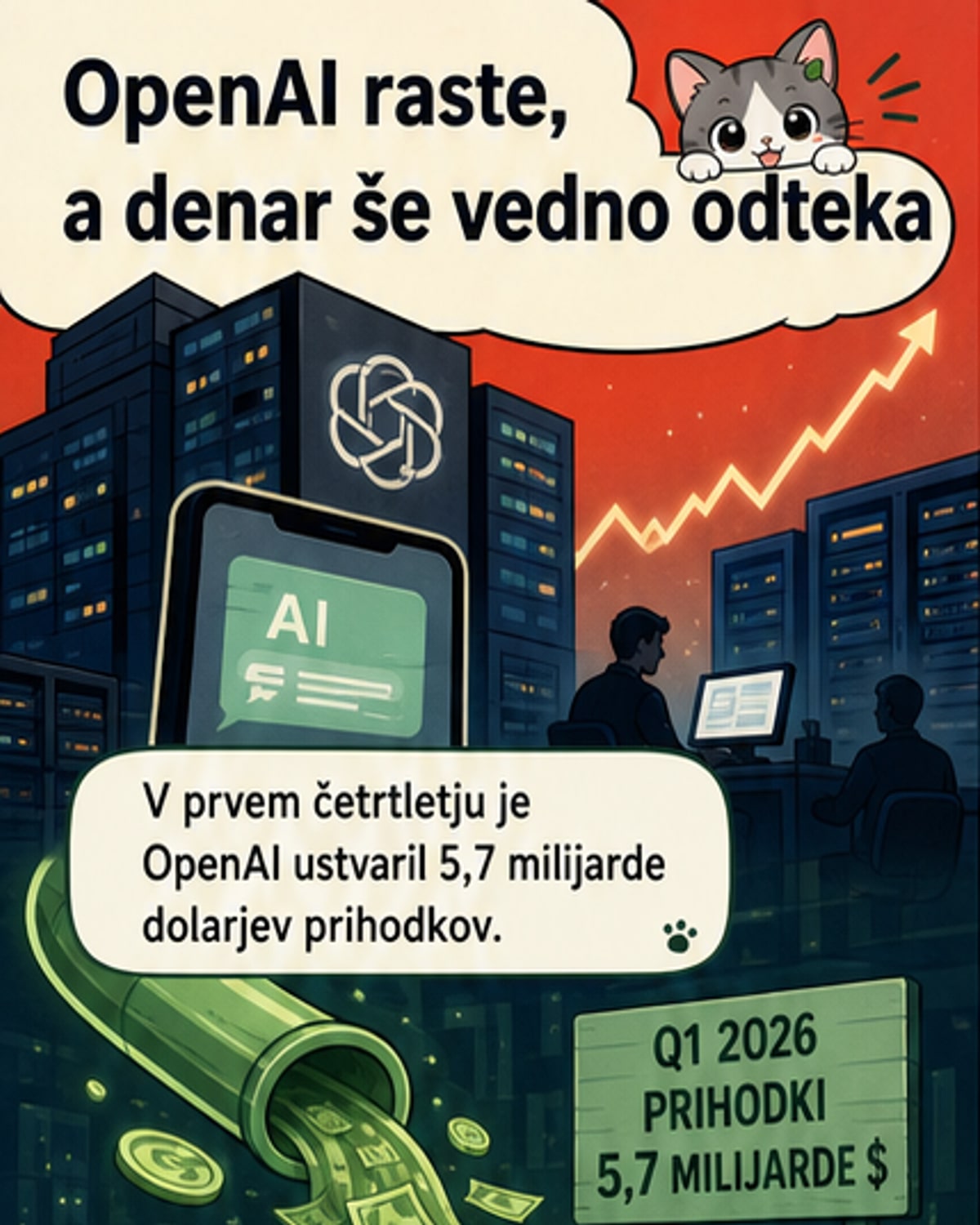 Ilustracija podjetja OpenAI, ki iz ene strani zbirja denar, iz druge pa pušča veliko luknjo – simbolizira višjo porabo kot prihodke.