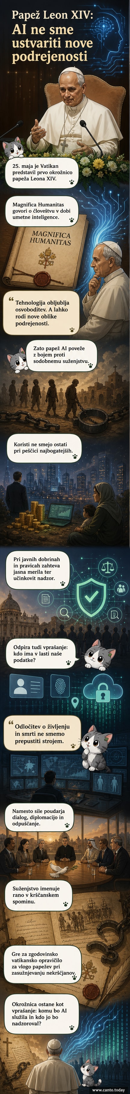Papež Leon XIV. med predstavitvijo enciklike o umetni inteligenci, v ozadju portreti zgodovinskih papežev in simboli digitalne tehnologije.