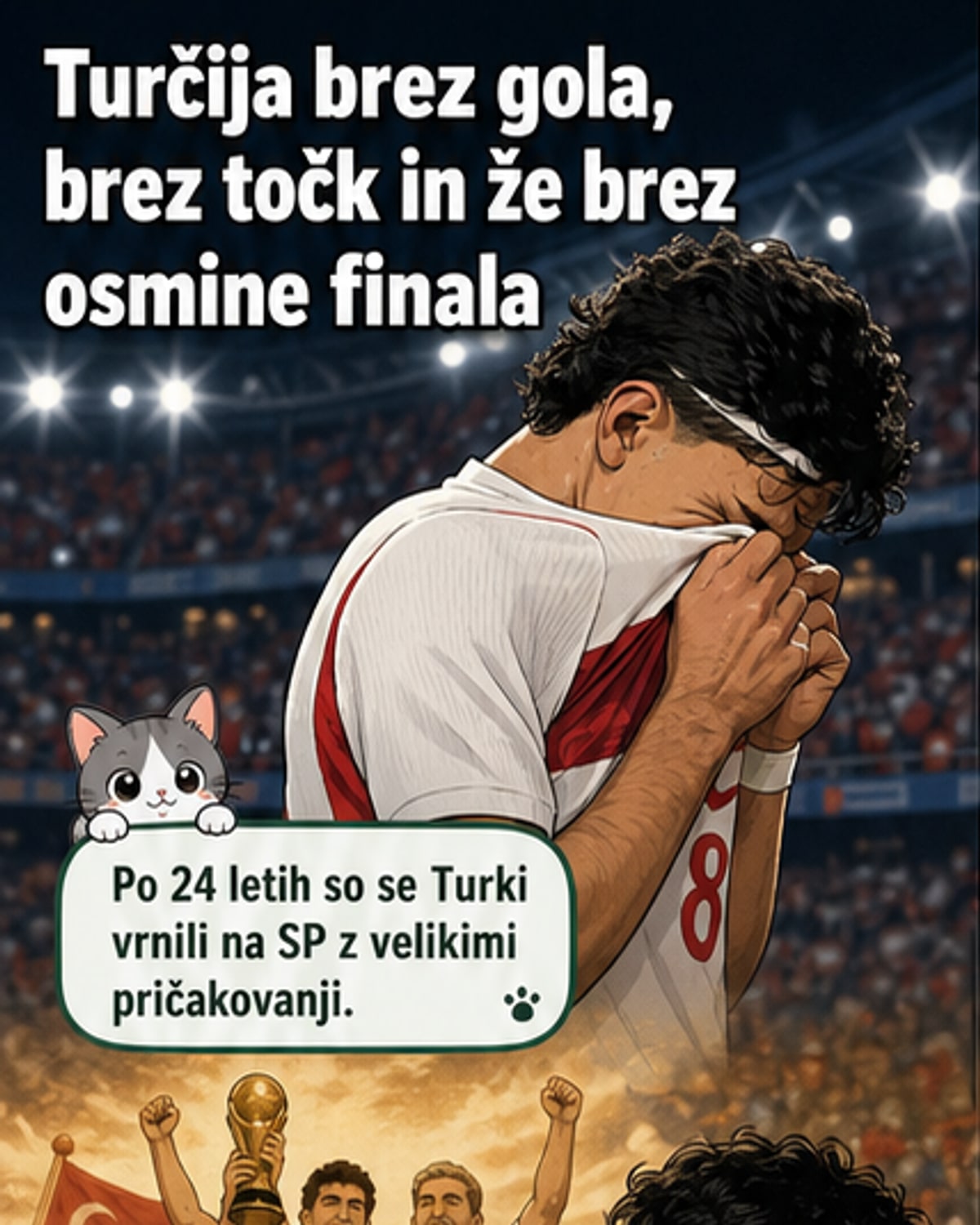 Turški nogometaši stojijo z glavami sklonjenimi po porazu na svetovnem prvenstvu, vratar Uğurcan Çakır joka.