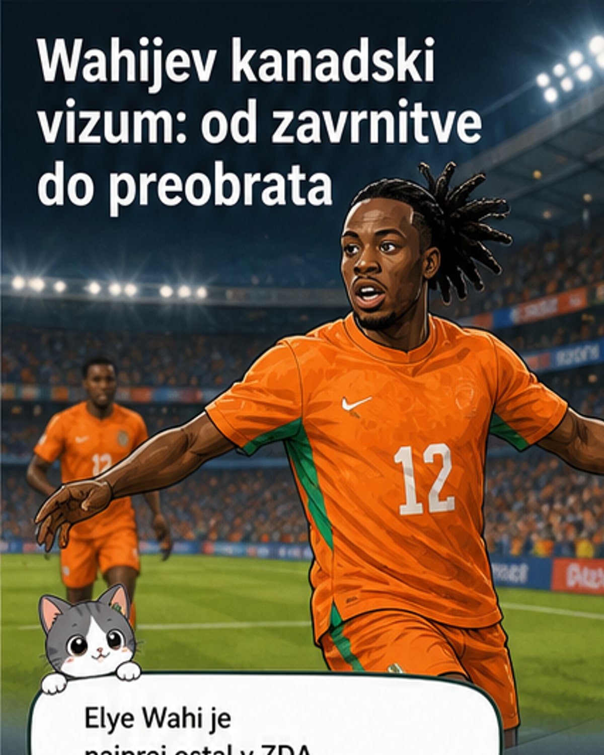 Nogometaš Elye Wahi v dresu Slonokoščene obale, ob zaslonu z napisi o vizumu in svetovnem prvenstvu
