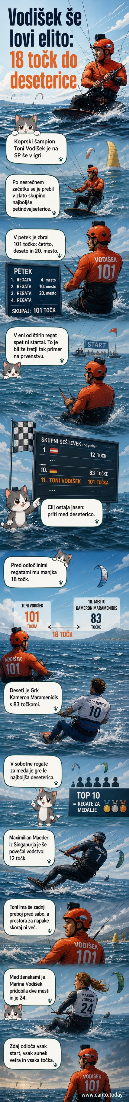 Toni Vodišek na jadrnici med regato na svetovnem prvenstvu, v ozadju morje in jadralci.