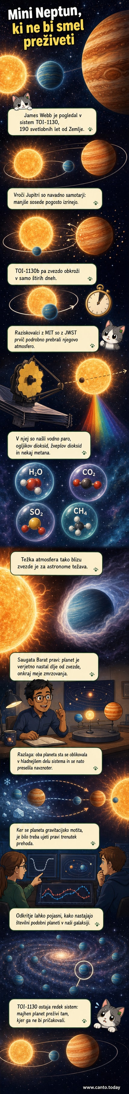 Ilustracija mini Neptuna z gostimi oblačnimi plinovi, ki kroži blizu zvezde, medtem ko v ozadju kroži ogromni vroči Jupiter – prikaz redkega planetarnega sistema, ki ga je opazil teleskop James Webb.