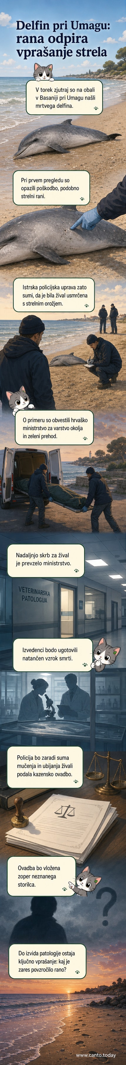 Truplo mrtvega delfina leži na peščeni obali, policija pregleduje teleso.