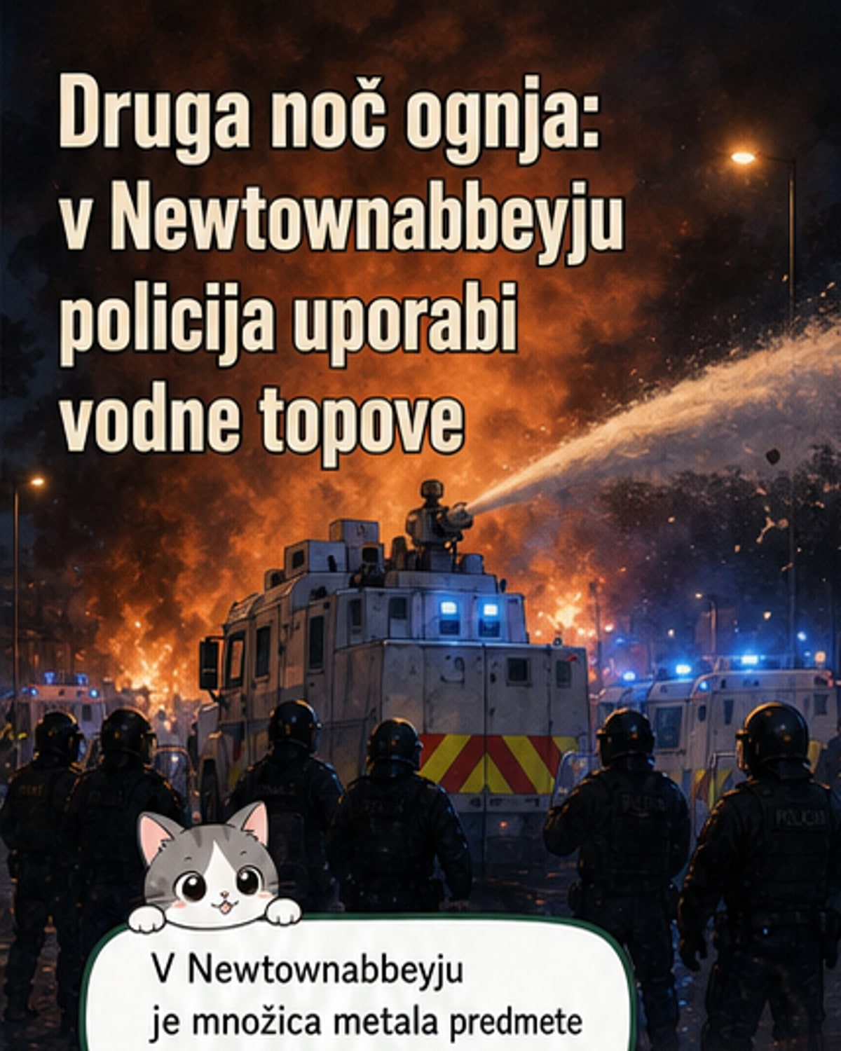 Policisti z vodnimi topovi v nočnem nasilju v Severnem Irskem, za njimi goreči avto in barikade