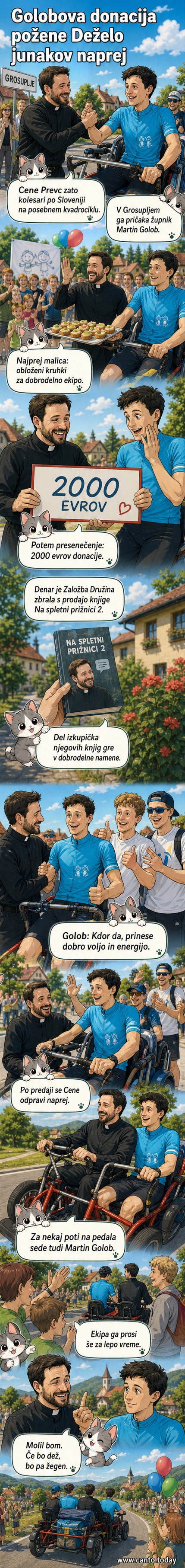 Župnik Martin Golob in Cene Prevc stojita ob kvadrociklu pred cerkvijo, okoli njiju ekipa s mikrofoni in kamerami.