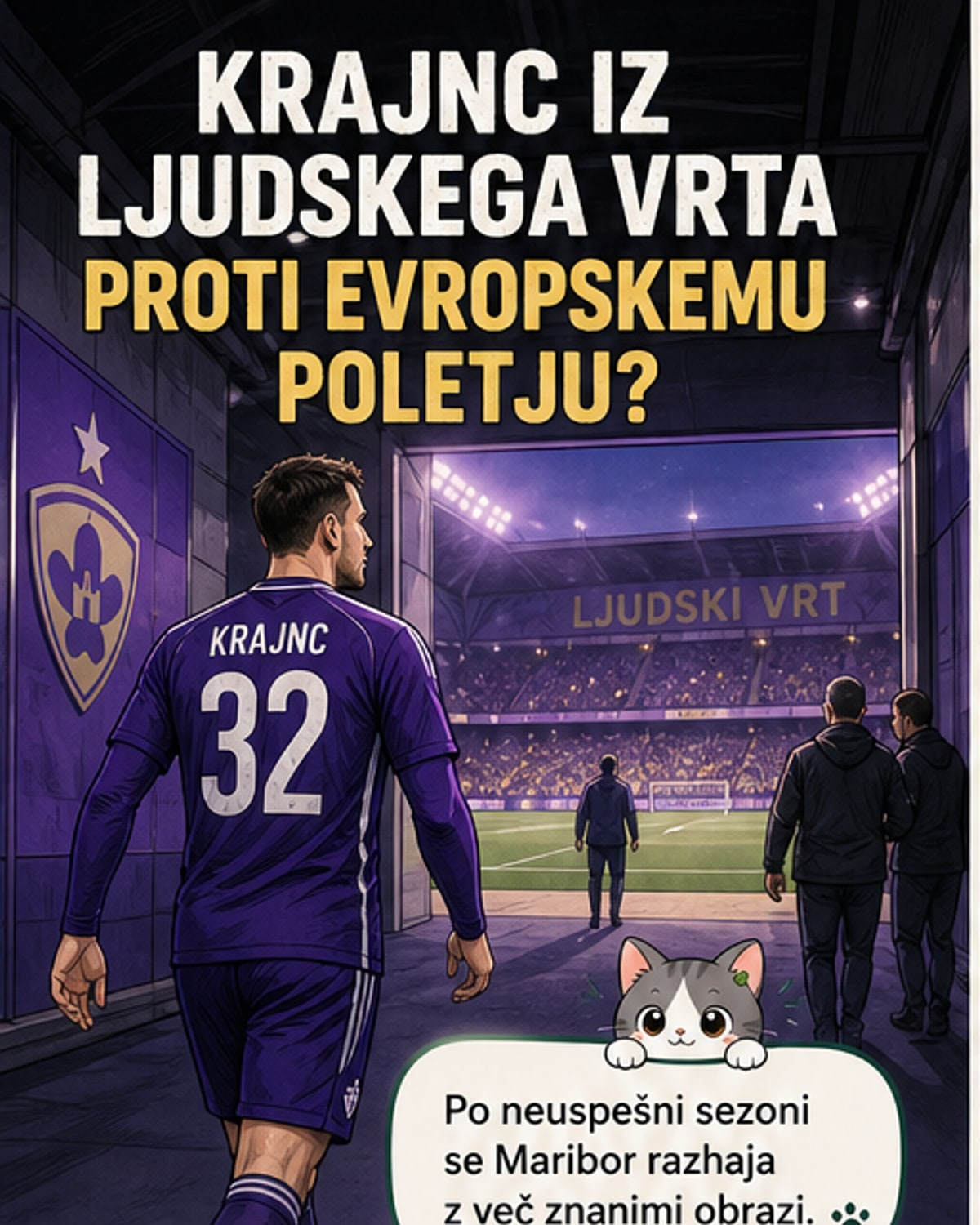 Luke Krajnc v mariborskem dresu med tekmo, z ozadjem navijačev na Ljudskem vrtu.