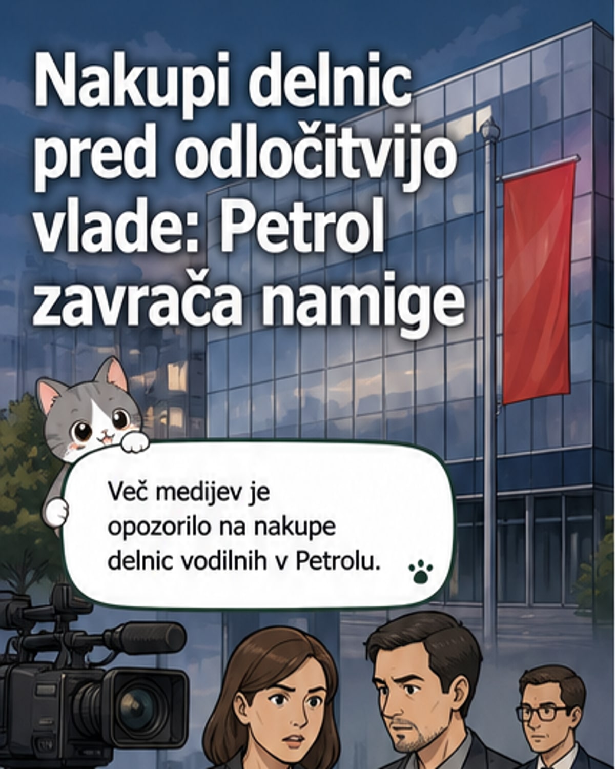 Ilustracija simboličnega grafikona delnic z gorivno črpalko v ozadju, ki prikazuje nakup delnic vodstva Petrola pred spremembo cene goriv.