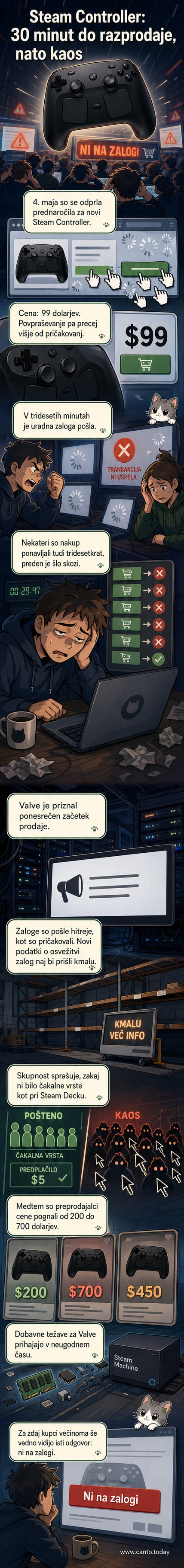 Ilustracija kaotičnega spletnega nakupa Steam Controllerja: zaslon s ponavljajočimi se napakami, uporabniki v frustraciji, eBay aukcije z visokimi cenami.