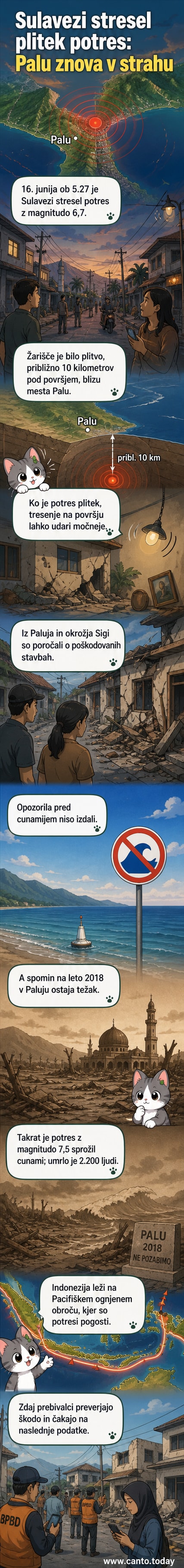 Ilustracija močnega potresa na otoku Sulavezi z zgradbami, ki se tresljajo pod vplivom seizmičnih valov, v ozadju mesto Palu.