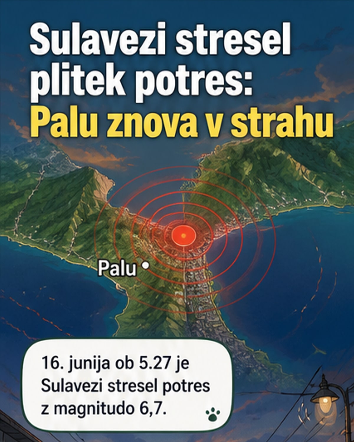 Ilustracija močnega potresa na otoku Sulavezi z zgradbami, ki se tresljajo pod vplivom seizmičnih valov, v ozadju mesto Palu.