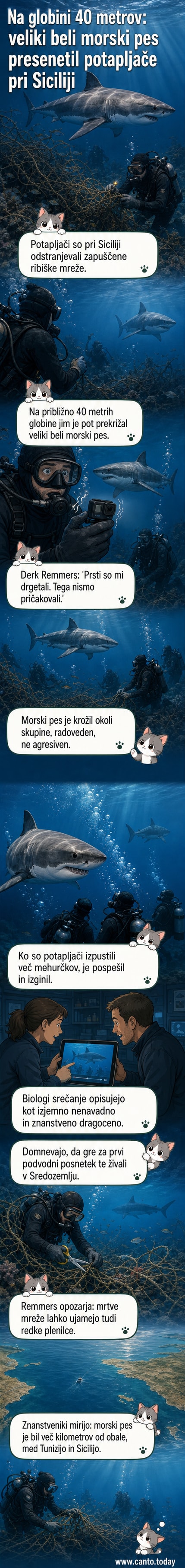 Podvodni posnetek velikega belega morskega psa, ki plava mimo skupine potapljačev v modri globini Sredozemskega morja.