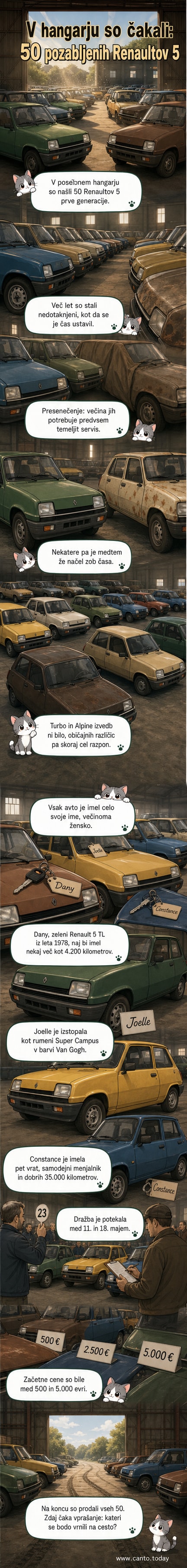 Stara zbirka 50 avtomobilov Renault 5 prve generacije, parkiranih v rednih vrstah v hangarju, večina v originalnem stanju.